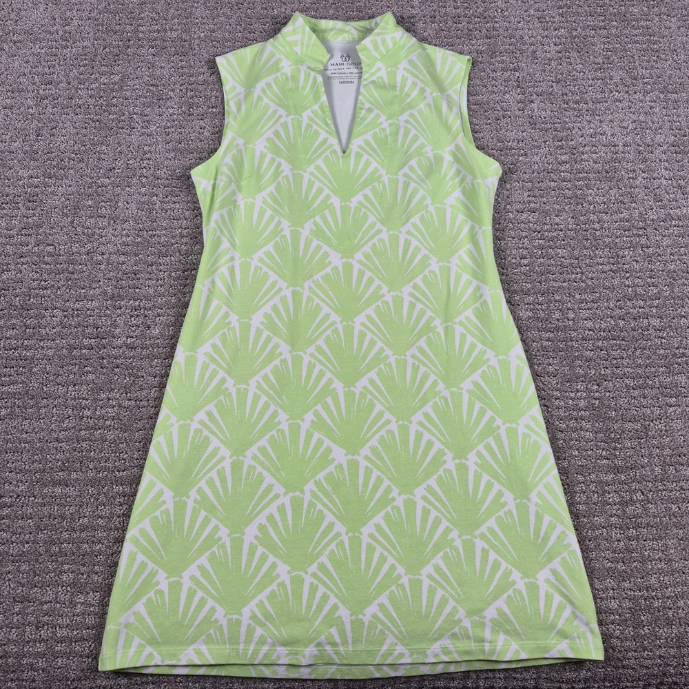 Mahi Gold Dress Womens M Green White Shell Print Sleeveless Shift Mini